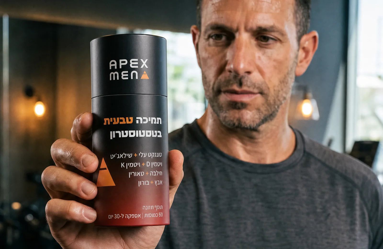 גבר מחזיק תוסף טבעי לתמיכה בטסטוסטרון